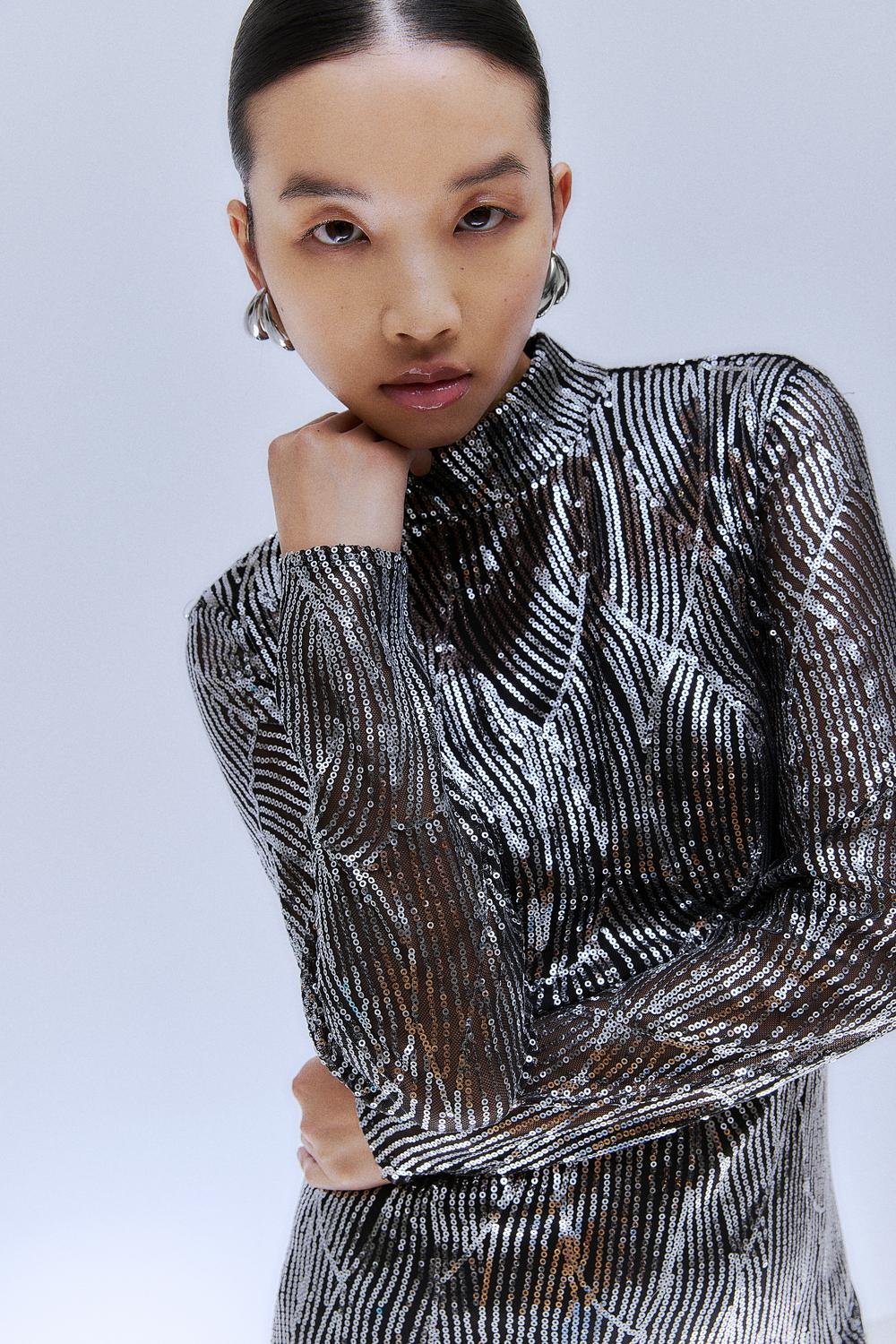 Vigigi Highneck Sequin L/S midi kjole - Black Beauty